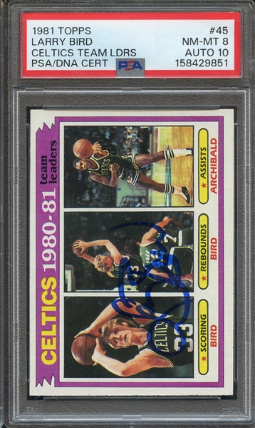1981 TOPPS 45 SIGNED LARRY BIRD CELTICS LEADERS PSA NM-MT 8 PSA/DNA AUTO 10