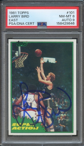 1981 TOPPS 101 101 SIGNED LARRY BIRD SUPER ACTION PSA NM-MT 8 PSA/DNA AUTO 9