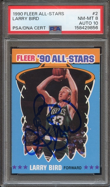 1990 FLEER ALL STARS 2 SIGNED LARRY BIRD PSA NM-MT 8 PSA/DNA AUTO 10