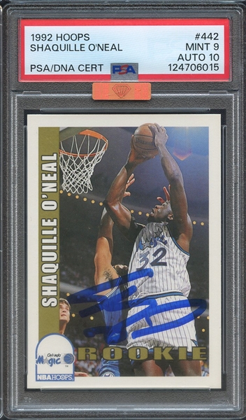 1992 HOOPS 442 SIGNED SHAQUILLE O'NEAL PSA MINT 9 PSA/DNA AUTO 10 MBA BRONZE