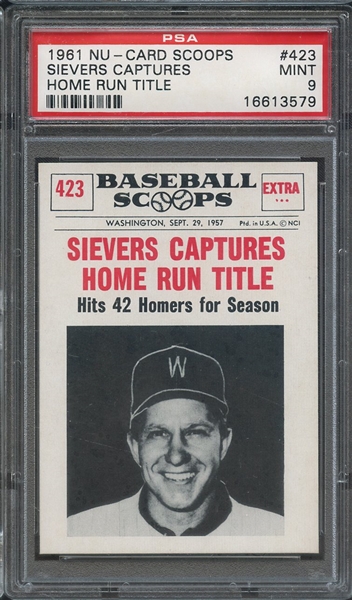 1961 NU-CARD SCOOPS 423 SIEVERS CAPTURES HOME RUN TITLE PSA MINT 9