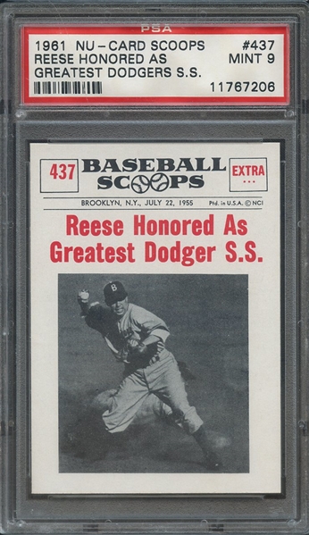 1961 NU-CARD SCOOPS 437 REESE HONORED AS GREATEST DODGERS S.S. PSA MINT 9