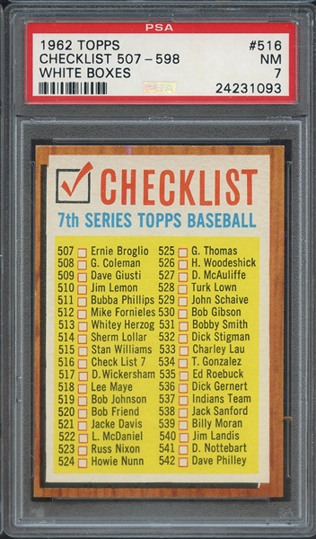 1962 TOPPS 516 CHECKLIST 507-598 WHITE BOXES PSA NM 7
