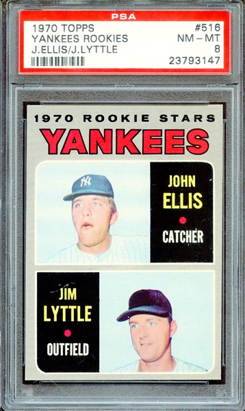 1970 TOPPS 516 YANKEES ROOKIES J.ELLIS/J.LYTTLE PSA NM-MT 8