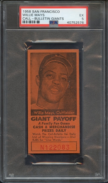 1958 SAN FRANCISCO CALL-BULLETIN GIANTS WILLIE MAYS CALL-BULLETIN GIANTS PSA EX 5