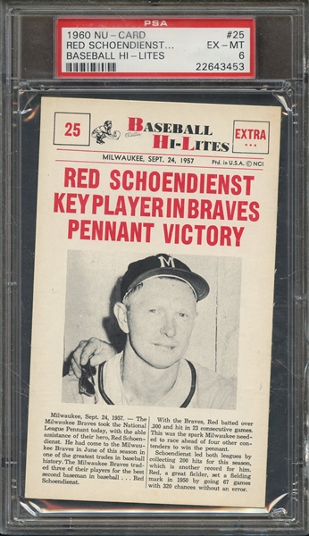 1960 NU-CARD BASEBALL HI-LITES 25 RED SCHOENDIENST... BASEBALL HI-LITES PSA EX-MT 6