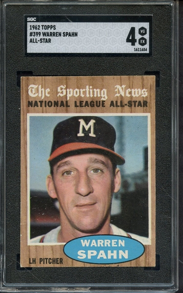1962 TOPPS 399 WARREN SPAHN ALL STAR SGC VG-EX 4