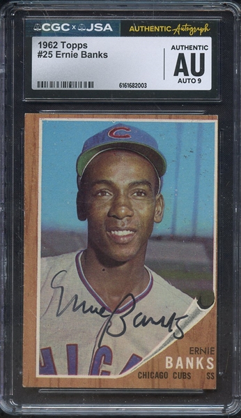 1962 TOPPS 25 SIGNED ERNIE BANKS CGC AUTHENTIC JSA AUTO 9
