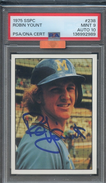 1975 SSPC 238 SIGNED ROBIN YOUNT PSA MINT 9 PSA/DNA AUTO 10 MBA BRONZE