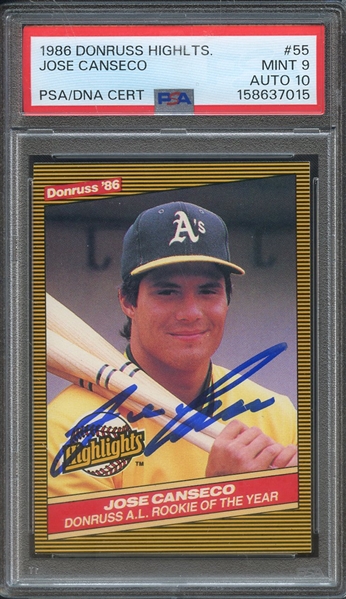 1986 DONRUSS HIGHLIGHTS 55 SIGNED JOSE CANSECO PSA MINT 9 PSA/DNA AUTO 10