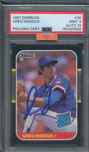 1987 DONRUSS 36 SIGNED GREG MADDUX PSA MINT 9 PSA/DNA AUTO 10 MBA BRONZE