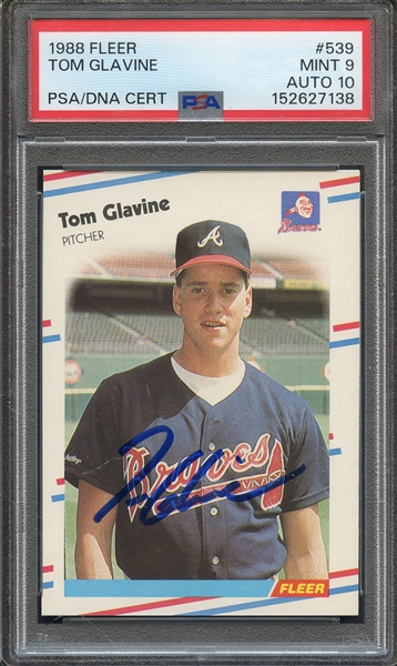 1988 FLEER 539 SIGNED TOM GLAVINE PSA MINT 9 PSA/DNA AUTO 10