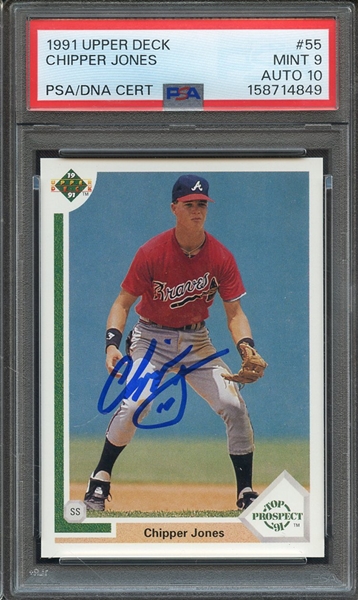 1991 UPPER DECK 55 SIGNED CHIPPER JONES PSA MINT 9 PSA/DNA AUTO 10