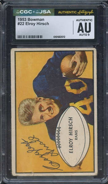 1953 BOWMAN 22 SIGNED ELROY HIRSCH CGC AUTHENTIC JSA AUTO 9