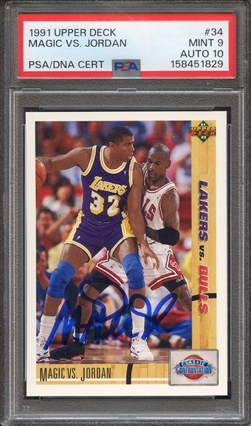 1991 UPPER DECK 34 SIGNED MAGIC JOHNSON PSA MINT 9 PSA/DNA AUTO 10