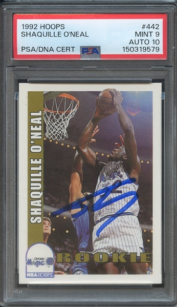 1992 HOOPS 442 SIGNED SHAQUILLE O'NEAL PSA MINT 9 PSA/DNA AUTO 10