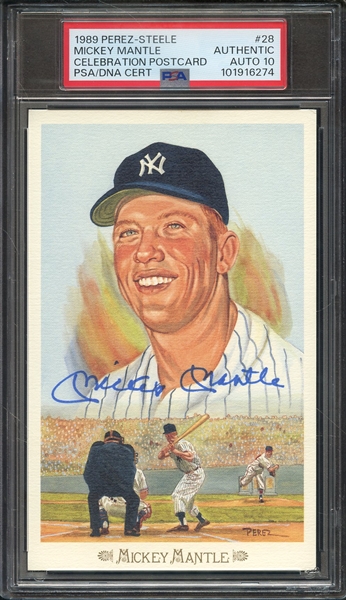 1989 PEREZ STEELE SIGNED MICKEY MANTLE POSTCARD PSA/DNA AUTO 10