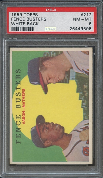 1959 TOPPS 212 FENCE BUSTERS WHITE BACK PSA NM-MT 8