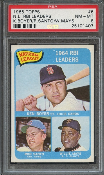 1965 TOPPS 6 N.L. RBI LEADERS K.BOYER/R.SANTO/W.MAYS PSA NM-MT 8