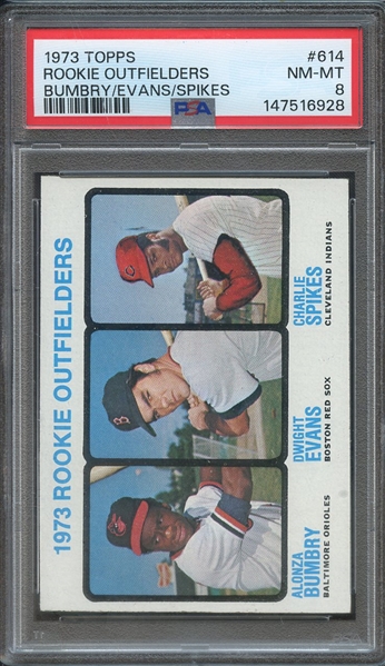 1973 TOPPS 614 ROOKIE OUTFIELDERS BUMBRY/EVANS/SPIKES PSA NM-MT 8