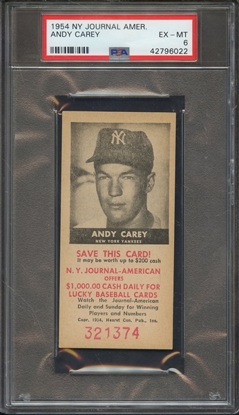 1954 NY JOURNAL AMERICAN ANDY CAREY PSA EX-MT 6