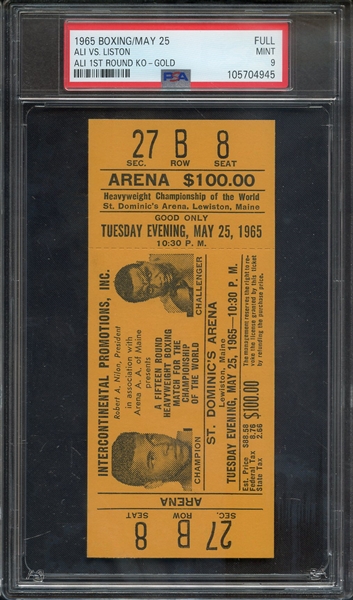 1965 BOXING-FULL FULL ALI VS. LISTON: GOLD MUHAMMAD ALI 1ST ROUND KO PSA MINT 9
