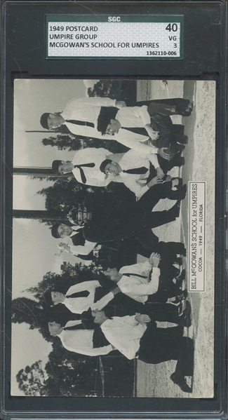 1949 POSTCARD UMPIRE GROUP MCGOWAN'S SCHOOL FOR UMPIRES SGC VG 40 / 3