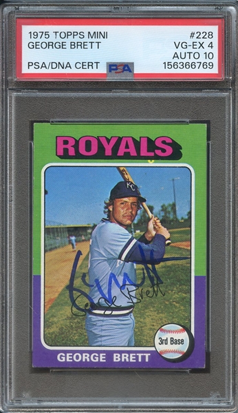 1975 TOPPS MINI 228 SIGNED GEORGE BRETT PSA VG-EX 4 PSA/DNA AUTO 10
