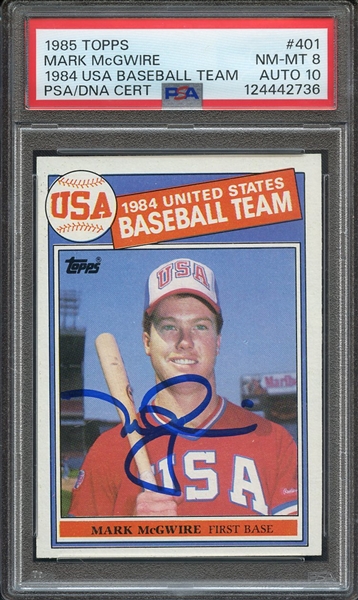 1985 TOPPS 401 SIGNED MARK MCGWIRE PSA NM-MT 8 PSA/DNA AUTO 10