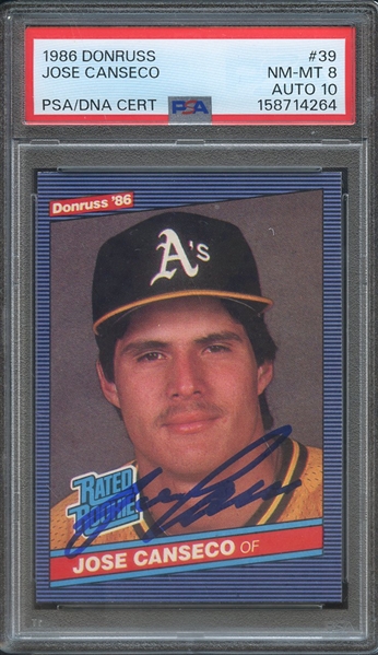 1986 DONRUSS 39 SIGNED JOSE CANSECO PSA NM-MT 8 PSA/DNA AUTO 10