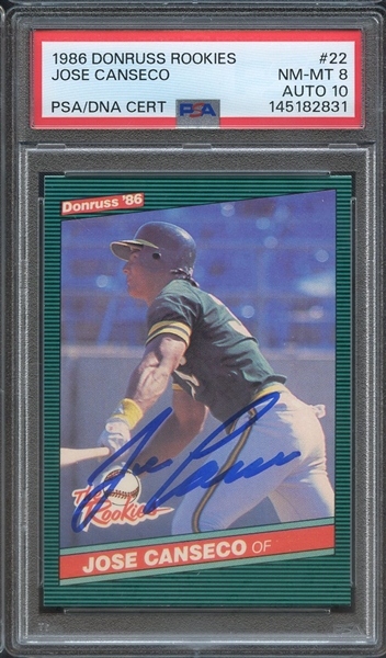 1986 DONRUSS ROOKIES 22 SIGNED JOSE CANSECO PSA NM-MT 8 PSA/DNA AUTO 10