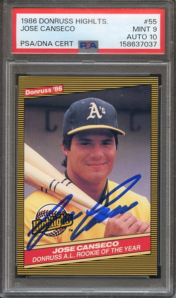 1986 DONRUSS HIGHLIGHTS 55 SIGNED JOSE CANSECO PSA MINT 9 PSA/DNA AUTO 10