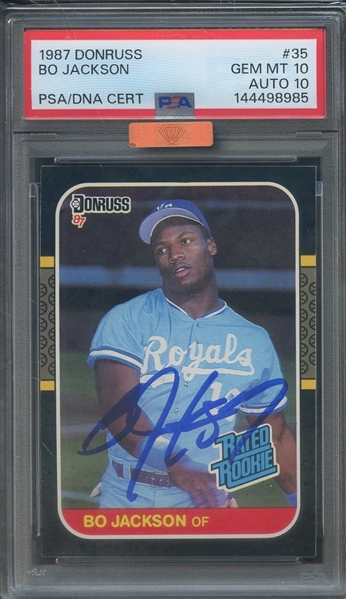 1987 DONRUSS 35 SIGNED BO JACKSON PSA GEM MT 10 PSA/DNA AUTO 10 MBA BRONZE