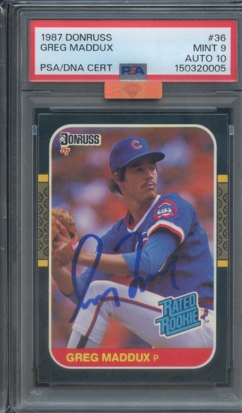 1987 DONRUSS 36 SIGNED GREG MADDUX PSA MINT 9 PSA/DNA AUTO 10 MBA BRONZE
