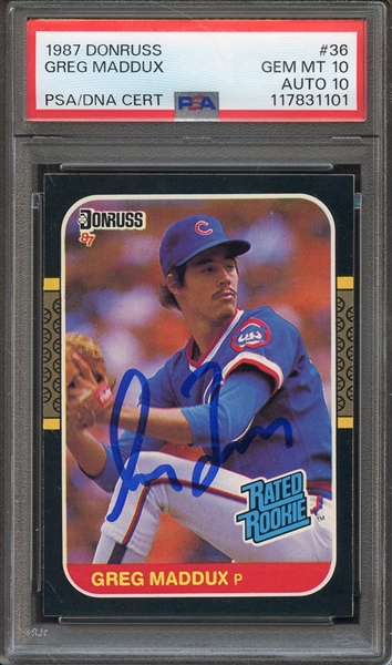 1987 DONRUSS 36 SIGNED GREG MADDUX PSA GEM MT 10 PSA/DNA AUTO 10