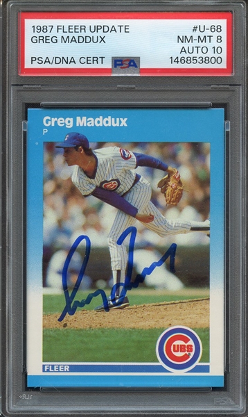 1987 FLEER UPDATE U68 SIGNED GREG MADDUX PSA NM-MT 8 PSA/DNA AUTO 10