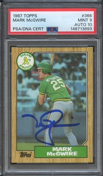 1987 TOPPS 366 SIGNED MARK MCGWIRE PSA MINT 9 PSA/DNA AUTO 10