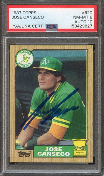 1987 TOPPS 620 SIGNED JOSE CANSECO PSA NM-MT 8 PSA/DNA AUTO 10