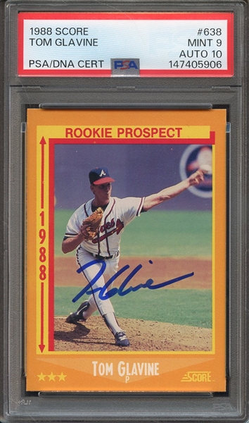 1988 SCORE 638 SIGNED TOM GLAVINE PSA MINT 9 PSA/DNA AUTO 10