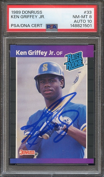 1989 DONRUSS 33 SIGNED KEN GRIFFEY JR PSA NM-MT 8 PSA/DNA AUTO 10
