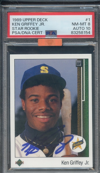 1989 UPPER DECK 1 SIGNED KEN GRIFFEY JR PSA NM-MT 8 PSA/DNA AUTO 10