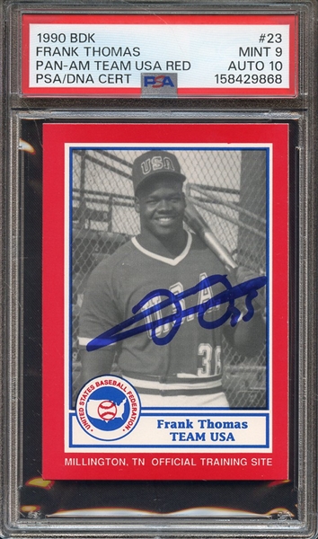 1990 BDK PAN AM TEAM USA RED 23 SIGNED FRANK THOMAS PSA MINT 9 PSA/DNA AUTO 10