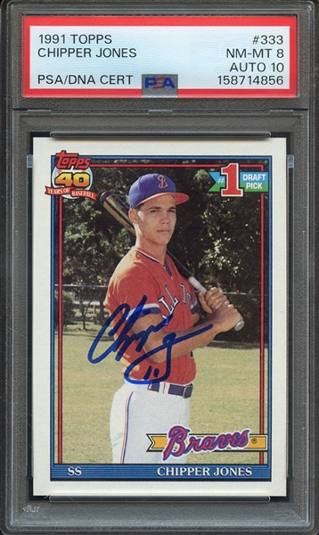1991 TOPPS 333 SIGNED CHIPPER JONES PSA NM-MT 8 PSA/DNA AUTO 10