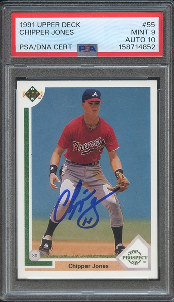 1991 UPPER DECK 55 SIGNED CHIPPER JONES PSA MINT 9 PSA/DNA AUTO 10