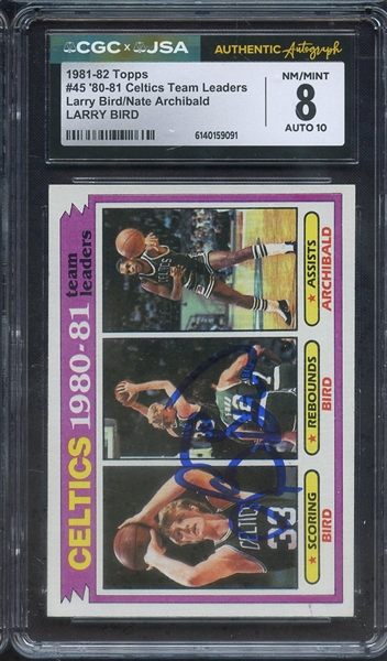 1981 TOPPS 45 SIGNED LARRY BIRD CGC NM-MT 8 JSA AUTO 10
