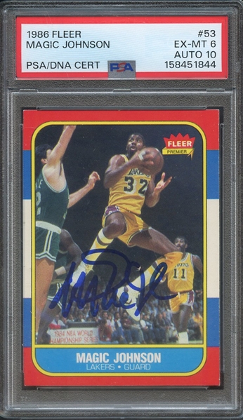 1986 FLEER 53 SIGNED MAGIC JOHNSON PSA EX-MT 6 PSA/DNA AUTO 10