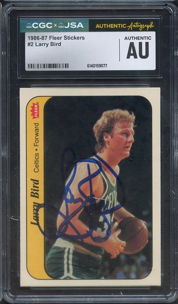 1986 FLEER STICKERS 2 SIGNED LARRY BIRD CGC AUTHENTIC JSA AUTO 10