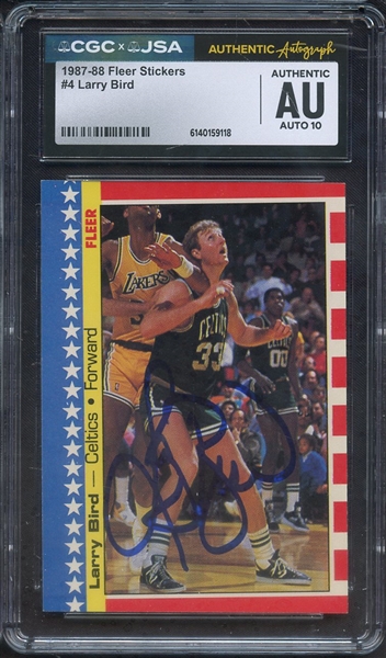 1987 FLEER STICKERS 4 SIGNED LARRY BIRD CGC AUTHENTIC JSA AUTO 10